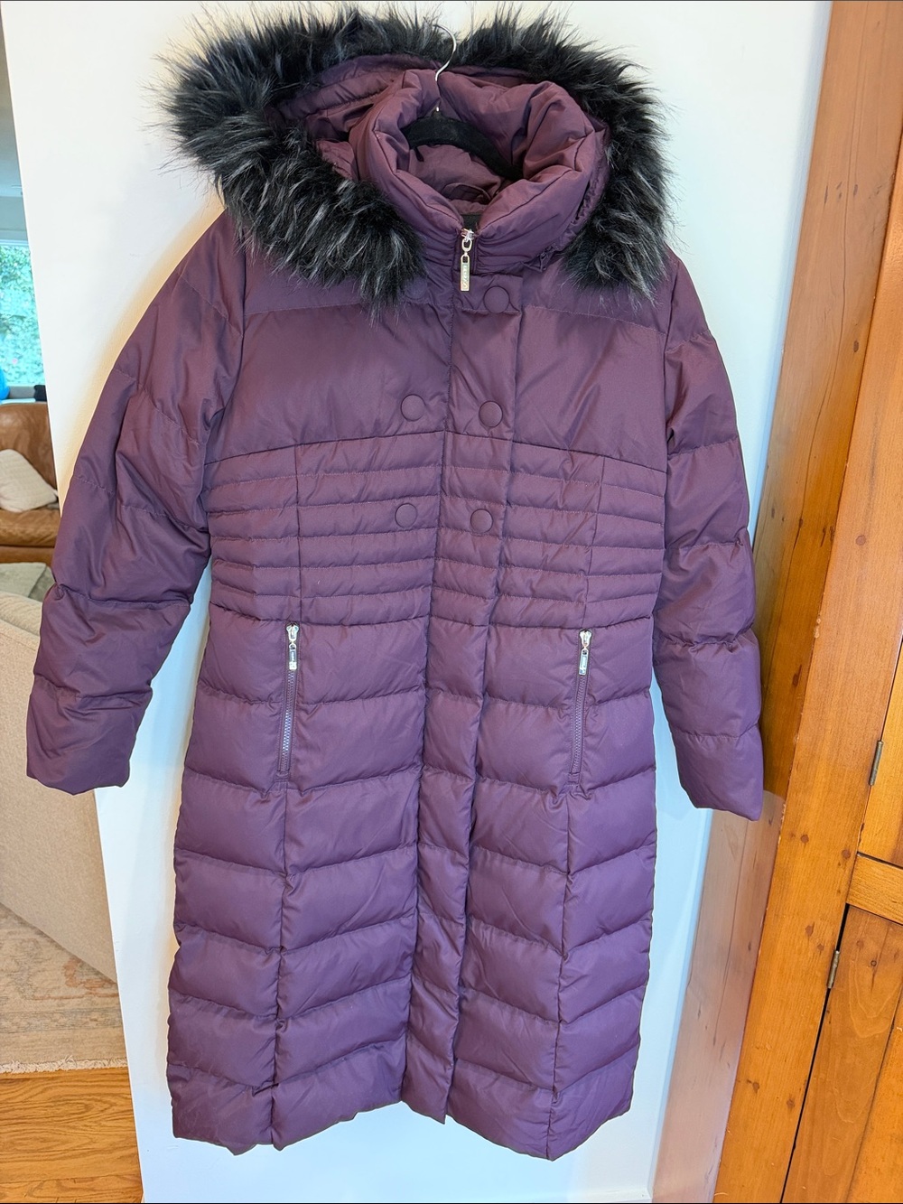 OLAY Long Puffer Down Coat with Fur Hood in Plum Color, L